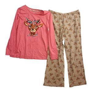 Christmas Pajamas Reindeer Lights Antlers Joe Boxer Pink & Gray 2pc Set Women L